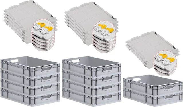 PROREGAL SuperSparSet 10x Eurobox NextGen Grip mit Scharnierdeckel und gelben Schiebeschnappverschlüssen, Grau, H x B x T: 12 x 40 x 60 cm, 23 Liter - Bild 1