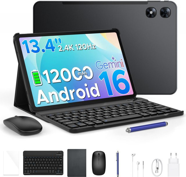 POCKAM P13 Pro Tablet 13,4 Zoll mit Android 16, 48GB RAM, 256GB Speicher, 2,4K 120Hz Display, Octa-Core Prozessor, 12000mAh Akku, 5G, WIFI, 4G LTE, inklusive Tastatur und Hülle, Schwarz - Bild 1