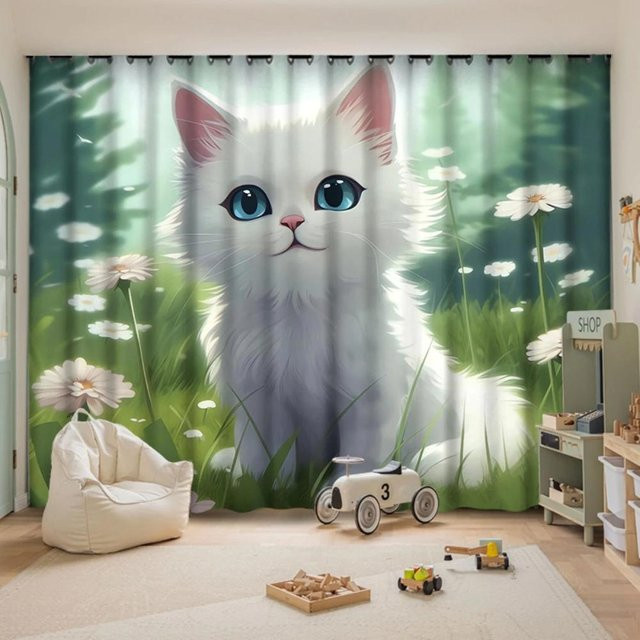 Verdunkelungsvorhänge mit Katzenmuster von Yiran Furniture für Kinderzimmer, grün, B: 55 cm, H: 120 cm - Bild 1