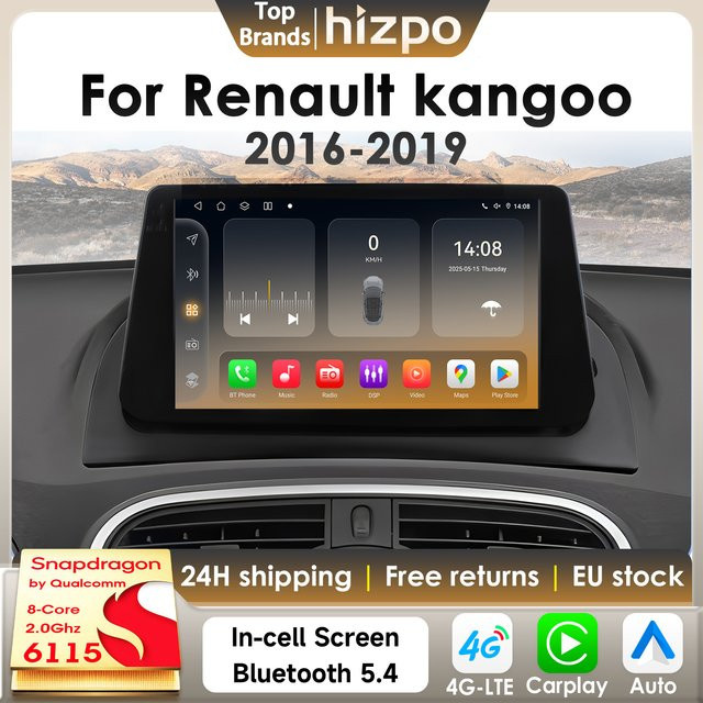 Hizpo 2Din Android 14 Auto-Multimedia-Player für Renault Kangoo 2009–2018 mit CarPlay, Android Auto und 360Cam, Snapdragon 6115, Schwarz - Bild 1