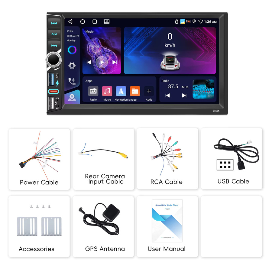 Podofo 7 Zoll Carplay Autoradio mit Android Auto, 4+64GB, WIFI, GPS Navigation und DSP DVR, Schwarz - Bild 5