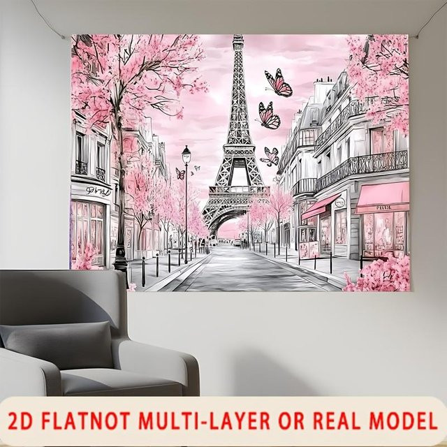 JMG Household Supplies Wandteppich Paris Eiffelturm mit rosa Kirschblüten, moderner Wandbehang als romantische Stadtlandschaft für Wohnzimmer und Schlafzimmer, Breite: 150 cm, Höhe: 130 cm - Bild 1