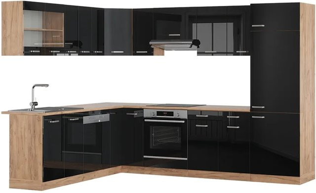 Vicco R-Line Eckküche in Schwarz und Goldkraft Eiche, moderne Einbauküche aus Spanplatte, B/T/H: 287 x 227 x 206,8 cm - Bild 2