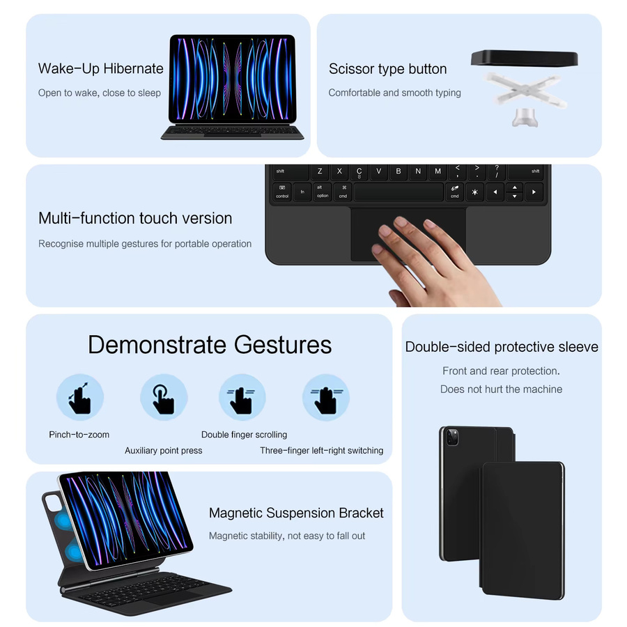 AJIUYU Magische Tastaturhülle mit Hintergrundbeleuchtung und Touchpad für iPad Air 11 Zoll M4 M3 M2 sowie iPad Pro 11 Zoll 2018-2022, Smart Magnetic Cover Case in Schwarz oder Weiß - Bild 3