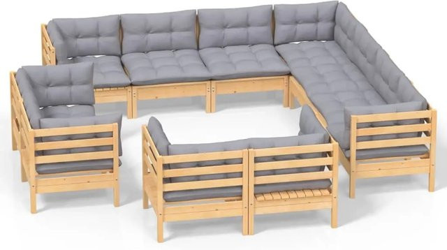 vidaXL 11-tlg. Garten-Lounge-Set aus massivem Kiefernholz mit grauen Polstern in Braun-Grau - Bild 1