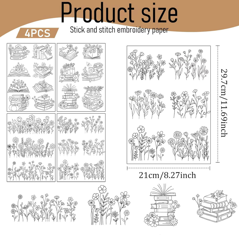 Selbstklebendes wasserlösliches Stickmuster-Papier Set mit Buch und botanischen Blumenmustern in Weiß - Bild 1