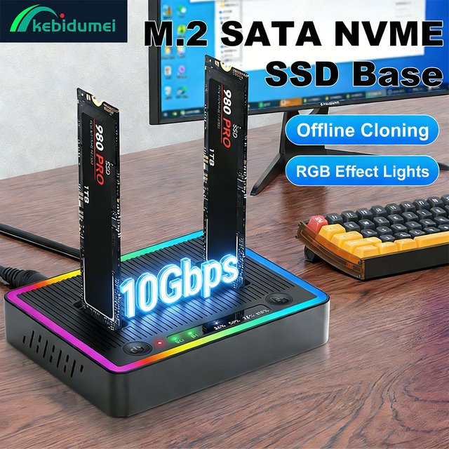 Kebidumei M.2 NVMe/SATA Dual-Bay Festplattengehäuse mit Offline-Klon-Funktion, 10Gbps SSD-Duplikator und USB 3.2 Gen2 Adapter, Schwarz - Bild 1