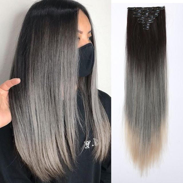 JONRENAU Clip In Haar Extensions, 7 Teile, Silber Schwarz Ombre Grau Gelb, Lange Gerade Dicke Haarteile, Damen - Bild 1