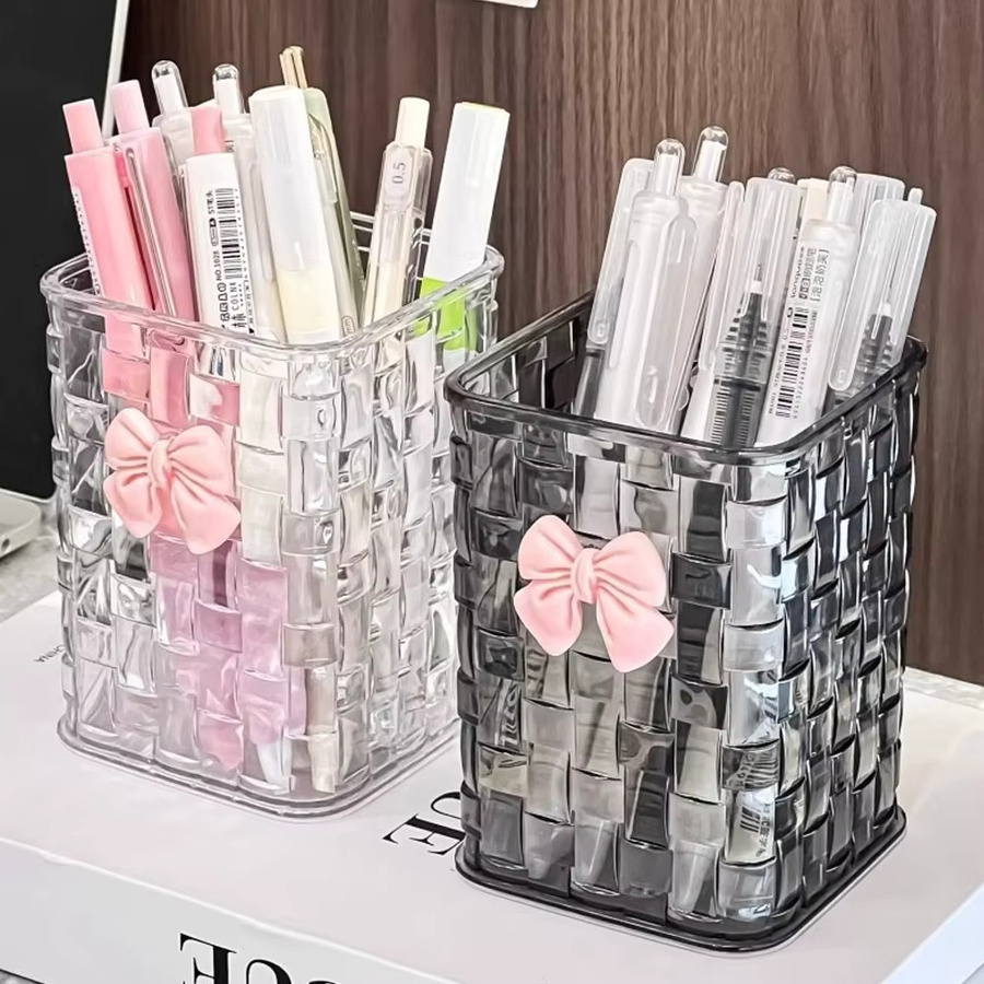 Transparenter quadratischer Stifthalter aus Kunststoff als Schreibtisch-Organizer und Kosmetikpinsel-Halter in Weiß - Bild 2