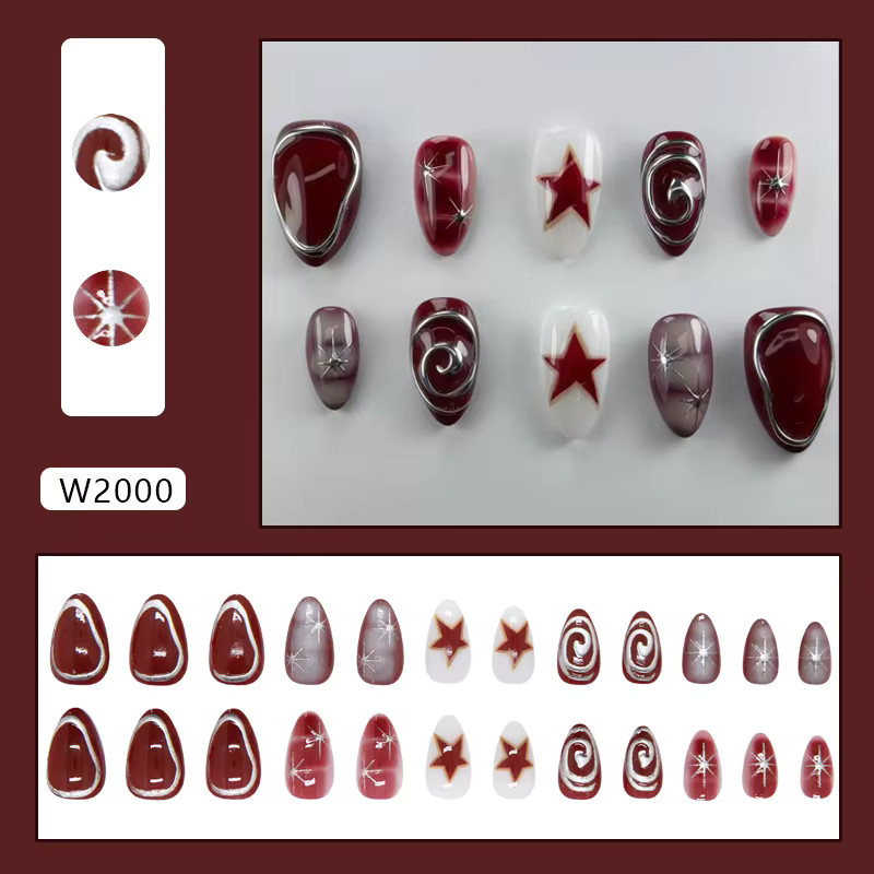 YADORNOS Künstliche Nägel J10, Mandelform, Rot mit Stern-Aufdruck, Glänzend, Damen - Bild 4