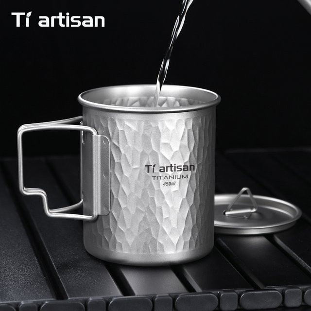 Tiartisan Kaffeetasse mit Deckel und gehämmerter Textur, faltbarer Wasserbecher für Outdoor-Camping, Silber, 450 ml - Bild 1