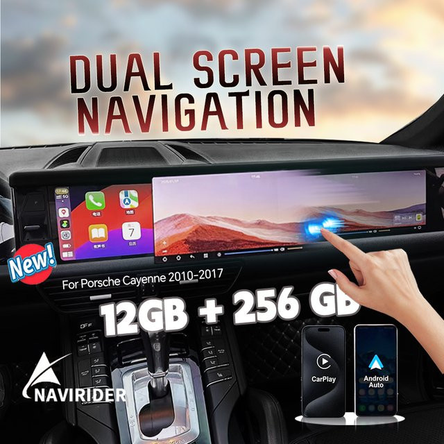 NAVIRIDER Dual Screen Android 13 Multimedia Video Player mit Carplay und GPS für Porsche Cayenne 2010-2017, Schwarz, 12,3 Zoll + 12,3 Zoll - Bild 1