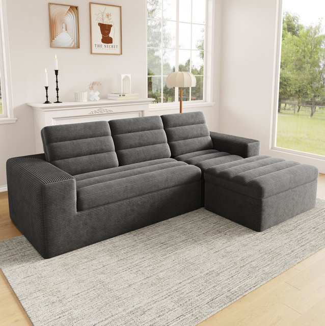 Modulare L-förmige Eckbank in Anthrazit mit passendem Ottomanen, 4-Sitzer aus Cord in modernem Design - Bild 1