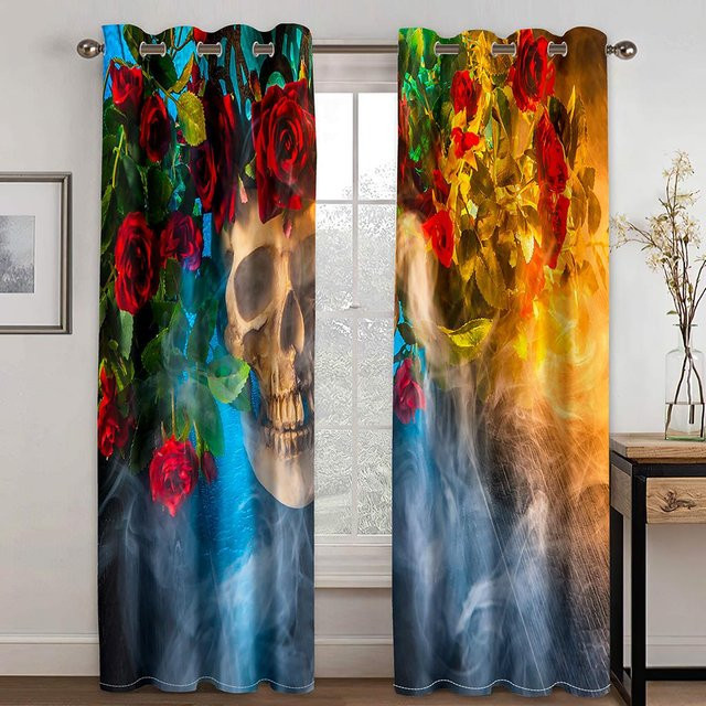 Yiran Furniture Vorhang mit Totenkopf und Rosenblüte im 3D Digitaldruck, navy blau, B: 50 cm, H: 130 cm, 2 Stück - Bild 1