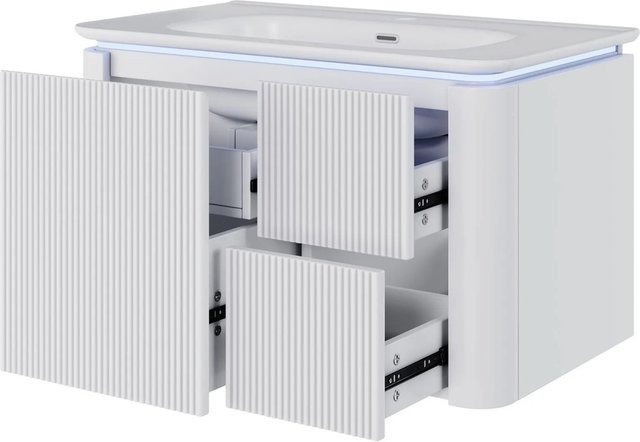PXloue Badezimmermöbel Set mit wandhängendem Waschtisch und Unterschrank, Keramik Waschbecken in Weiß, Modernes Design mit LED-Beleuchtung und vertikaler 3D Struktur, Breite: 80,5 cm - Bild 1