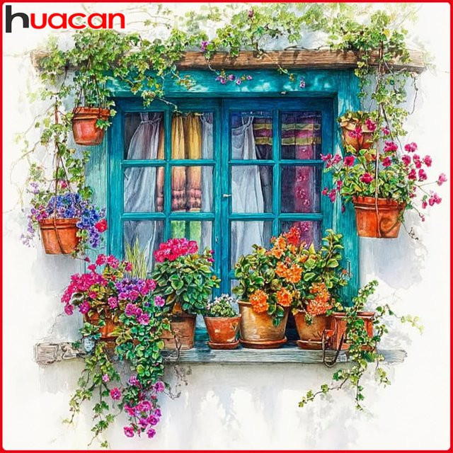 Huacan 5D DIY Fenster-Diamantmalerei Landschafts-Mosaikbild mit Blumen in Multicolour - Bild 1