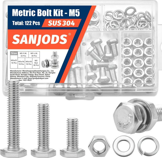 SANJODS Metrisches Bolzenset aus Edelstahl in Silber mit Sechskantschrauben, Muttern sowie flachen und Sicherungsscheiben (M4, M5, M6) - Bild 1