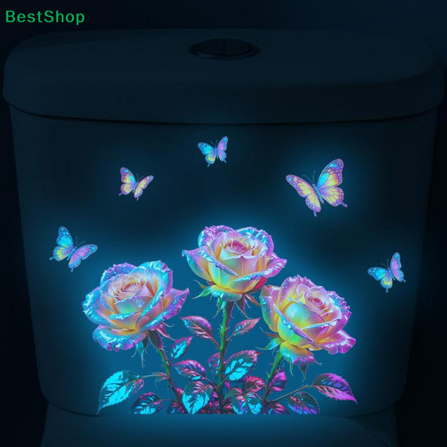 HNKMP Leuchtender Wandaufkleber mit Rosen und Schmetterlingen für das Badezimmer, Multicolor, Unregelmäßige Form - Bild 1