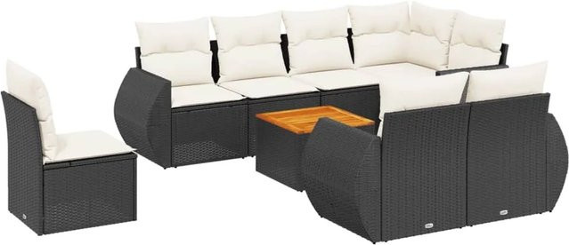 vidaXL 9-teilige Garten-Sofagarnitur in L-Form aus Polyrattan und Akazienholz mit Kissen in Schwarz-Creme - Bild 1