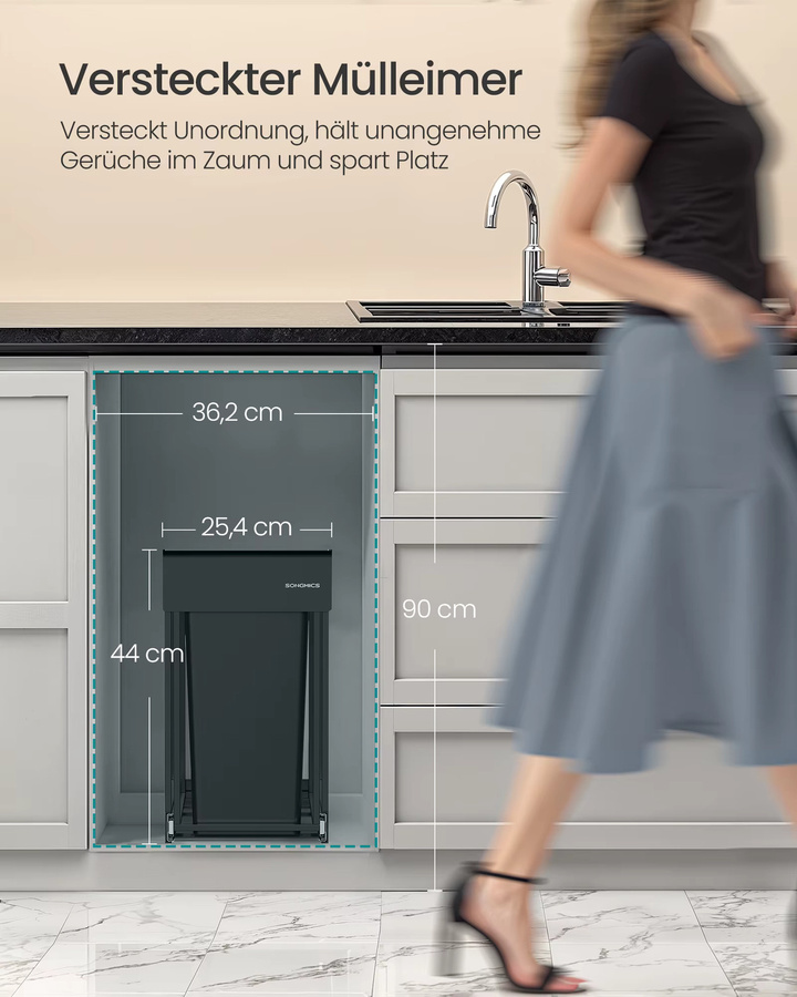 SONGMICS Mülltrennsystem für Unterschrank in Schwarz, ausziehbarer Abfalleimer mit 2 Fächern à 15 L aus Stahl und Kunststoff - Bild 2