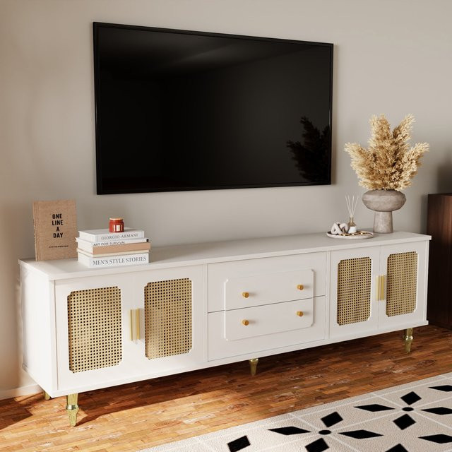 Aosom Lowboard im Retro-Stil mit Rattantüren und Metallbeinen, Weiß, B/T/H: 175 x 38 x 55,5 cm - Bild 1