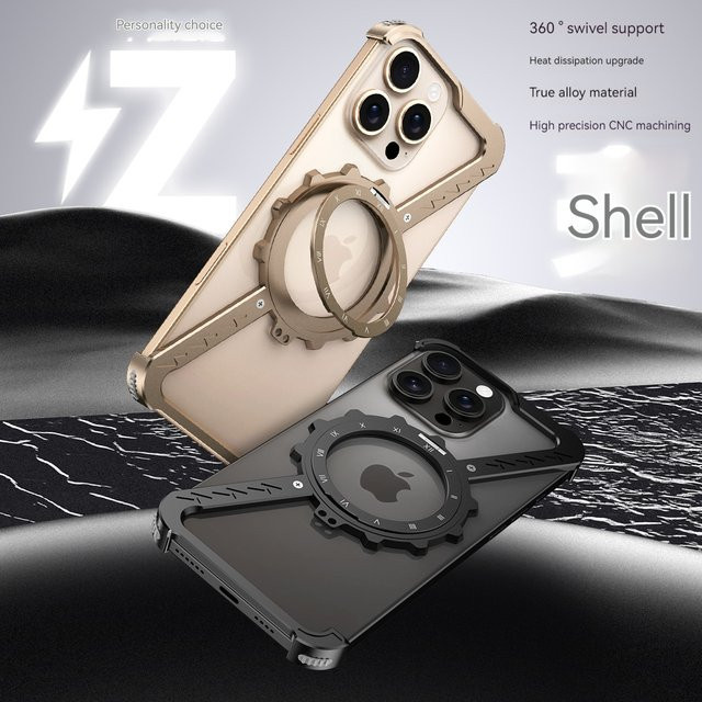 Stoßfeste Metall-Handyhülle mit 360 Grad Rotationshalter für Apple iPhone 16, 15, 14, 13 Pro Max Plus in Schwarz - Bild 1