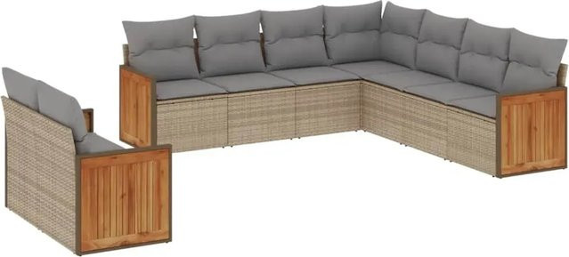 vidaXL 9-teilige Garten-Sofagarnitur aus Poly-Rattan und Akazienholz in Beige-Grau mit Kissen - Bild 1
