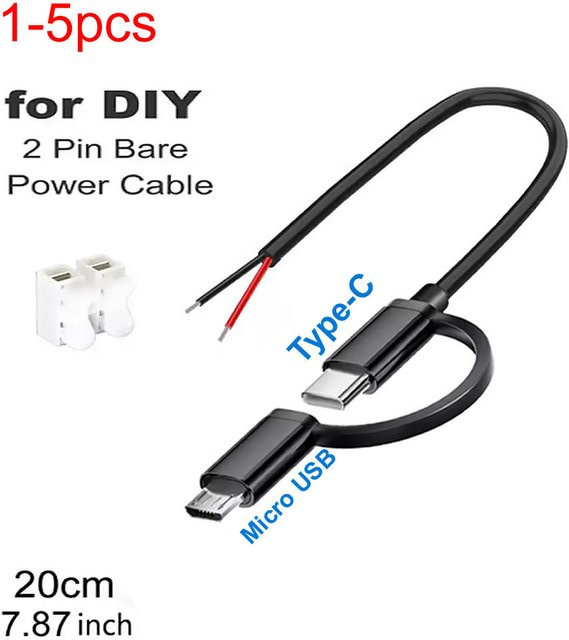 USB C und Micro USB 2-poliges DIY-Netzkabel mit offenem Ende, Pigtail-Kabel in Schwarz für 5 V/2 A Reparaturen und Austausch - Bild 1