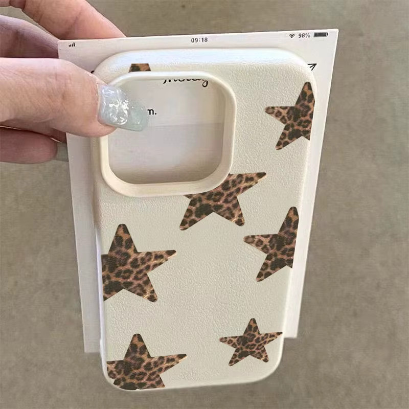 Handyhülle mit Leopardenmuster und Sternen in Lychee-Textur für iPhone Modelle, Farbe: Beige - Bild 4