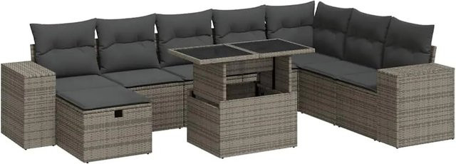 vidaXL 9-tlg. Garten-Sofagarnitur aus Polyrattan in Grau mit Kissen und Couchtisch - Bild 1