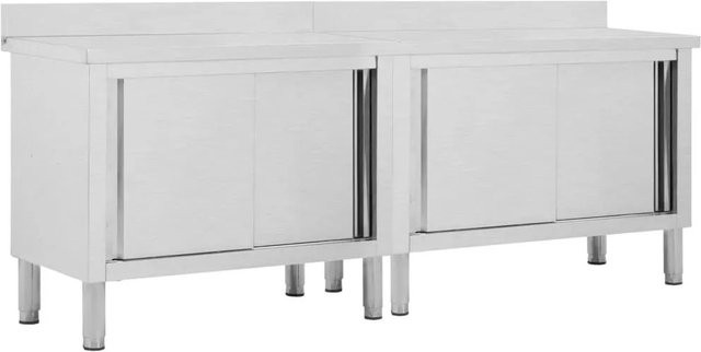 DELUKE Arbeitsschrank SAKO aus Edelstahl mit Aufkantung und Schiebetüren in Silber, B/T/H: 240 x 50 x 95-97 cm - Bild 1