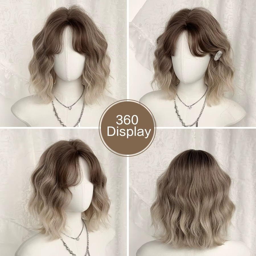 7JHH WIGS Wasserwellen-Bob-Perücke, Ombre-hellbraun, Damen, 13,77 Zoll - Bild 2