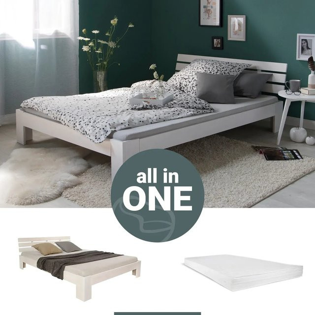 Homestyle4u Holzbett aus Kiefer mit Lattenrost und Schaumstoffmatratze in Weiß, B/T/H: 120 x 200 x 66 cm - Bild 1