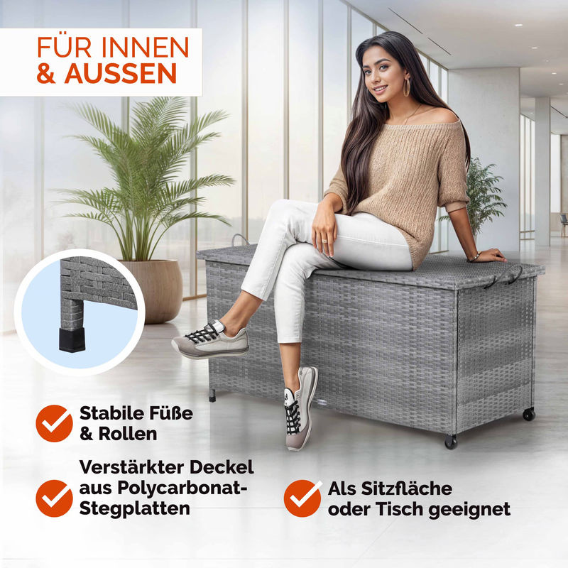 CASARIA Gartenbox aus Polyrattan in Grau mit Griffen und Rollen, B/T/H: 117 x 53 x 60 cm - Bild 4
