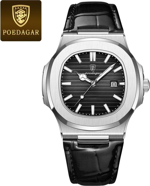 POEDAGAR Armbanduhr Edelstahl, Quarz, eckig, silber/schwarz, Herren - Bild 1