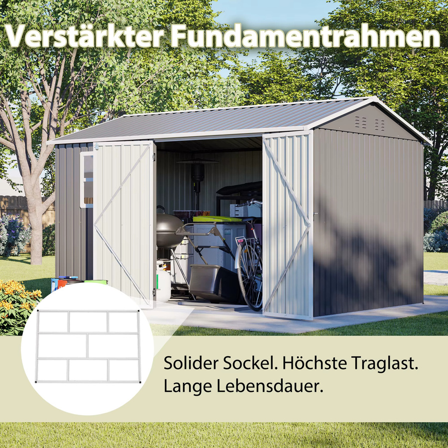 GIHAUVIA Outdoor-Gartenschuppen aus Stahl in Grau mit Fenster und abschließbaren Doppeltüren, wetterbeständiges Werkzeughaus mit Metallbodengestell, B/T/H: 311 x 230 x 201 cm - Bild 5