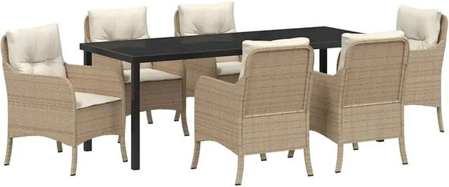 vidaXL 7-teiliges Garten-Ess-Set aus Poly-Rattan und Stahl in Beige mit Polstern - Bild 1