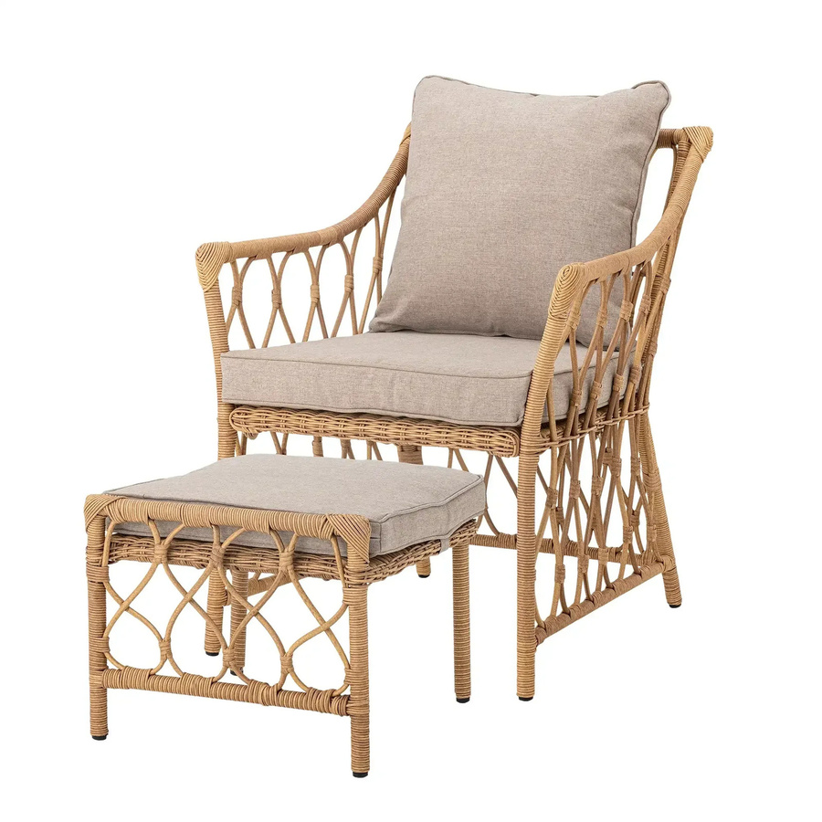 Bloomingville Loungesessel Belluce aus Polyrattan in Nature mit passendem Ottoman und beigen Polstern - Bild 1