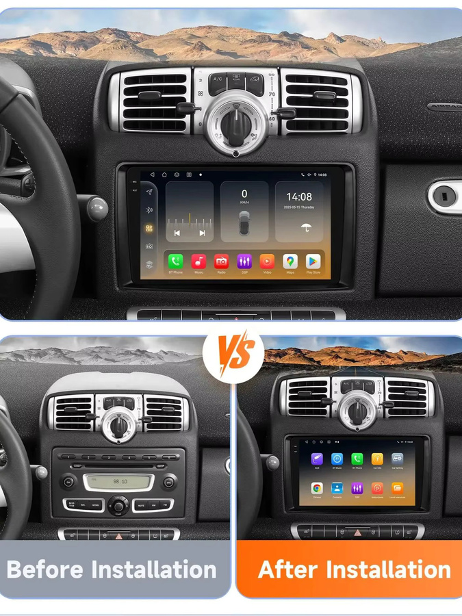 Hizpo Android 14 Intelligentes Autoradio für Smart Fortwo 451 (2005–2015) mit Qualcomm Snapdragon 6115, 8 Kernen, CarPlay, GPS, DSP, 4G und Bluetooth 5.4 in Schwarz - Bild 4