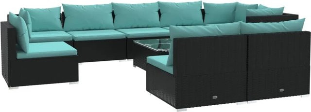 vidaXL 10-tlg. Garten-Lounge-Set in U-Form mit Kissen und Couchtisch, Poly-Rattan und Metall, Schwarz und Blau - Bild 1
