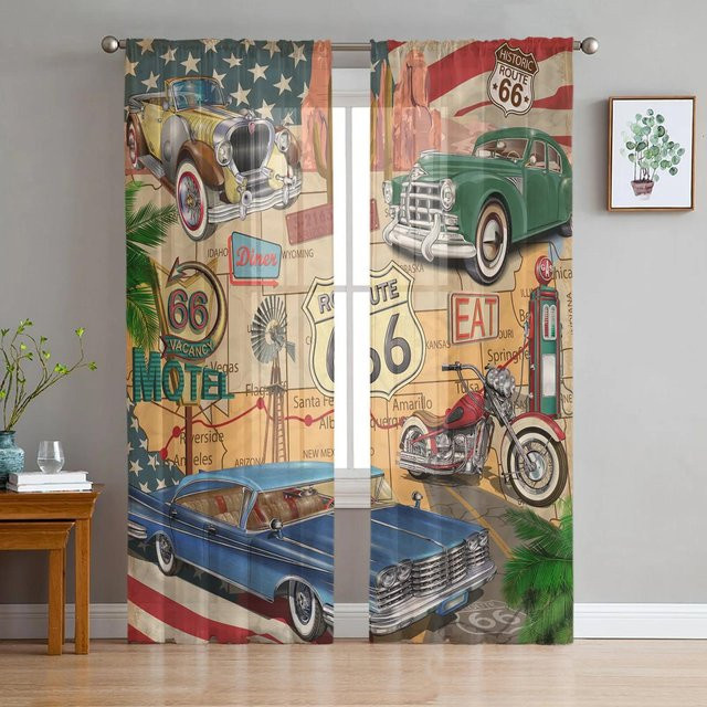 Yiran Furniture Retro-Tüllvorhang mit Autoflügel-Symbol, transparenter Voile-Vorhang in Multicolour, B: 135 cm, H: 160 cm - Bild 1