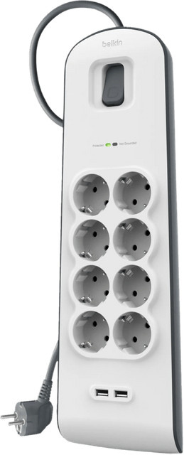 Belkin Überspannungsschutz Steckerleiste mit 8 Steckdosen und 2 USB-A Anschlüssen in Weiß, 2 Meter Kabellänge - Bild 1