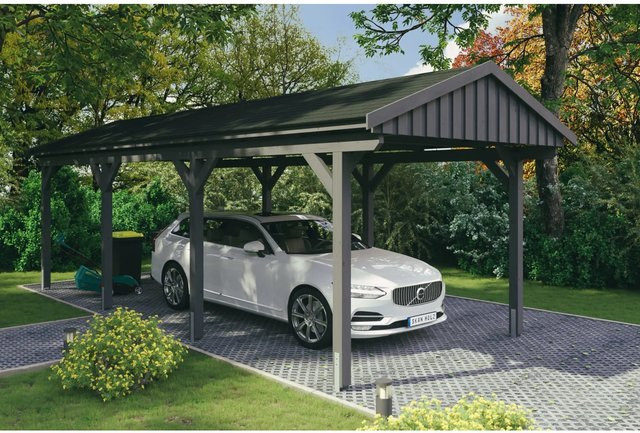 Skan Holz Carport Fichtelberg aus Fichten-Leimholz in Schiefergrau mit spitzer Dachform, B/T: 317 x 808 cm, Höhe: 303 cm - Bild 1