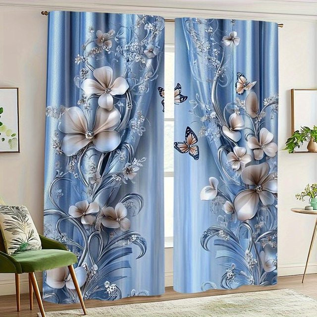 Tonnika Chen Set aus 2 Vintage-Vorhängen mit blauem Blumen-Schmetterlings-Print aus Polyester, Breite: 100 cm, Höhe: 70 cm - Bild 1