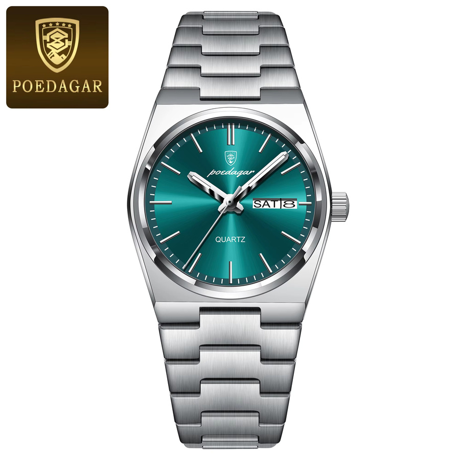 POEDAGAR Armbanduhr Edelstahl, Quarz, Silber, Damen, Datum, Wochentag - Bild 5