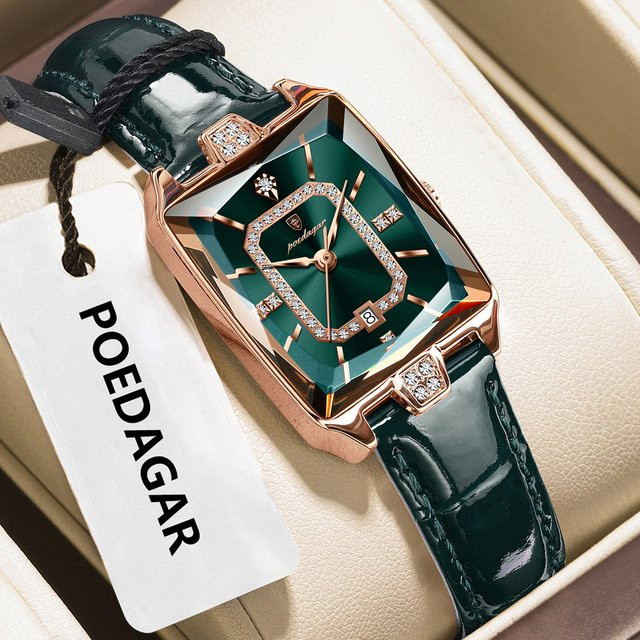 POEDAGAR Armbanduhr, Quarz, Leder, Rechteckig, Grün, Roségold, Damen - Bild 1