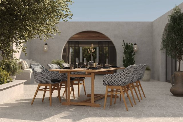 OUTFLEXX Bali Garten-Essgruppe aus Akazie und Polyrattan mit 6 Dining Sesseln, schwarz/weiß/natur, Tisch erweiterbar, B/T/H: 180 bis 240 x 100 x 76 cm - Bild 1