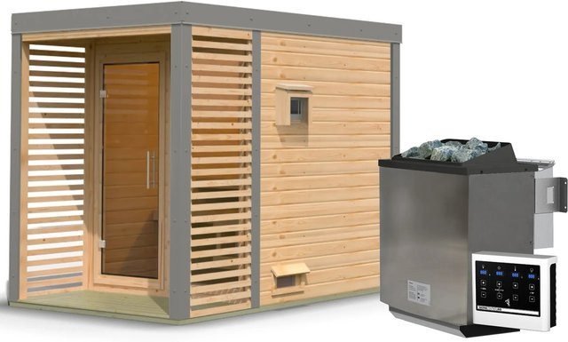 Karibu Saunahaus Seros Bio Log Cabin mit 9 kW Ofen in Naturbelassen und Graualuminium - Bild 1