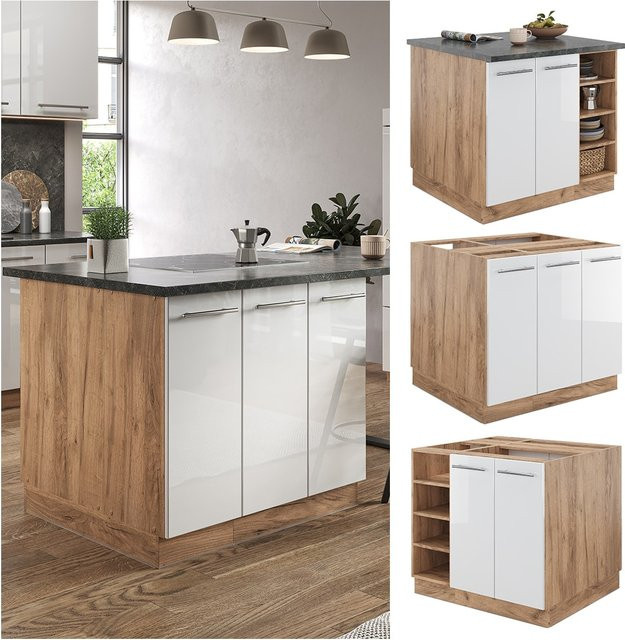 Vicco Kücheninsel Fame-Line Küchenblock in Eiche und Weiß, moderne Hochglanz-Kücheninsel mit Softclose-Scharnieren, Breite: 90 cm - Bild 1