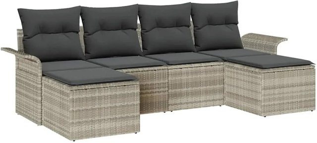 vidaXL Garten-Sofa-Set aus Poly-Rattan in Hellgrau, 6-teilig mit Kissen und Fußhockern - Bild 1